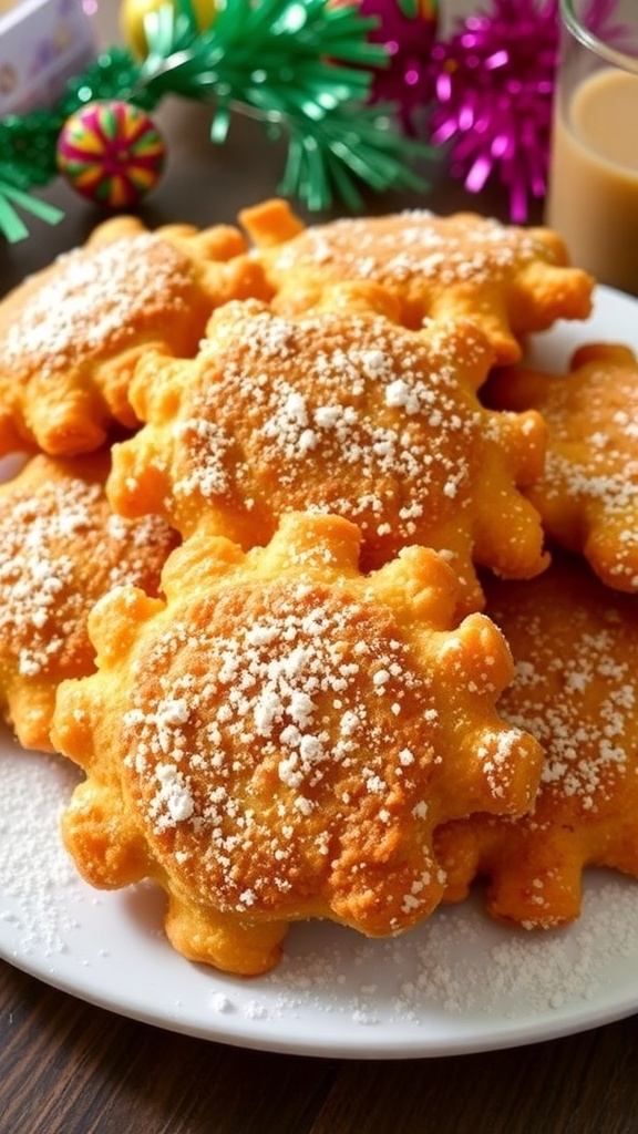 Crispy Mexican fritters dusted with powdered sugar on a festive plate.